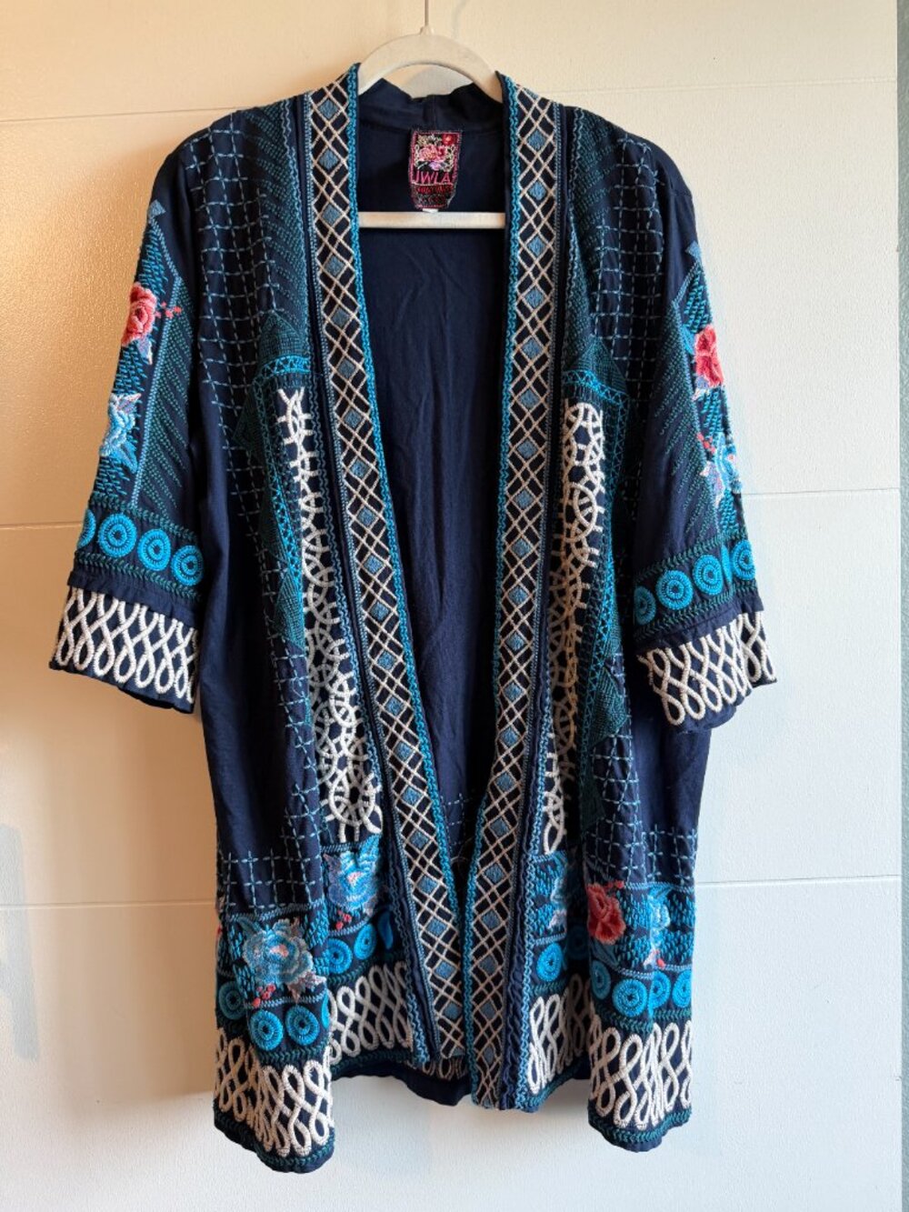 JWLA Johnny Was Navy Embroidered Open Front Cardigan Jacket Medium